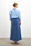 Women's Blue Elastic Waist Flowy Satin Flared Skirt - 5