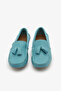 Blue Genuine Leather Loafer Shoe Tasseled Women's Flat Shoes - 3