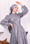 Gray Beaded Sequined Evening Dress - 3