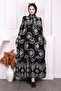 Black Patterned Half Button Viscon Dress