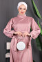 Dusty Rose Stone Detailed Skirt Flounced Satin Evening Dress - 3