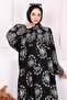 Black Patterned Half Button Viscon Dress - 3