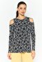 Women Round Neck Cold Shoulder Allover Print Blouse, Black/white