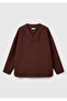 Women's Brown Modal Blend V-Neck Long Sleeve Sweatshirt - 2