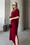 Women's Crew Neck Side Slit Detailed Midi Length Comfortable Fit Short Sleeve Dress - 2