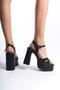 Women's Keyli Black Leather Cross Strap (12 cm) Platform Heeled Shoes - 3