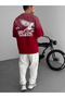 Claret Red Pegasus Printed Washed Oversize T-Shirt Res-5192 - 2