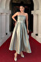 Taffeta Satin Fabric Strapless Midi Dress - Khaki Green - 2
