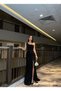 Women's Velvet Pulpayet Fabric One Shoulder Long Maxi Length Slit Evening Dress Graduation Dress Black