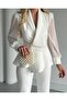 Women's Imported Fabric Pleated Pearl Embroidered Sleeve Button Detailed Lined Special Design Top and Bottom Set - 4