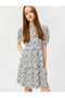 Mini Dress Balloon Sleeve Flounce Patterned Crew Neck