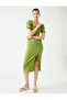 Midi Dress Balloon Sleeve Slit Square Neck - 2