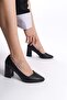 Women's Genuine Leather Classic Thick Heeled Shoes Black - 3