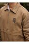 Oversize Tan Printed Men's Zippered Bomber Denim Jacket - 4