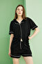 Black Shirt Collar Buttoned Bias Viscose Knitted Wide-Loose Fit Shorts Set7827