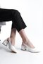 White Patent Leather Gold Buckle Detailed Women's Thick Heeled Shoes - 3