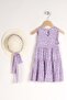 Crew Neck Zero Sleeve Cıcek Patterned Lilac Color Girl's Dress with Layered Hat Accessories - 2
