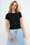 Women's Black Crew Neck Bow Decorated Crop Blouse Alc-X13671 - 3