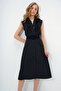 Black Ruffled Front Belted Poplin Woven Dress Alc-X11609 - 4