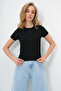 Women's Black Crew Neck Bow Decorated Crop Blouse Alc-X13671 - 4