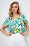 Women's Green Square Collar Patterned Wrap Woven Blouse Alc-X13794 - 3