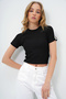Women's Black Crew Neck Striped Shoulder Ottoban Crop Blouse Alc-X13730 - 5