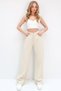 Beige High Waist Five-Pocket Wide Leg Summer Gabardine Trousers Alc-X13761 - 2