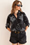 Women's Chain Black Sleeve Fold Linen Shirt Gml- 19000825