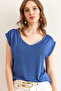 Women's Indigo Silver Stitching Detailed V-Neck Knitted Viscose Blouse Blz-19002659 - 6