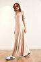 Women's Stone V-Neck Three-Quarter Sleeve Slit Modal Maxi Dress Elb-19002286 - 4