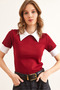 Women's Burgundy Shirt Collar Stretchy Cotton Blouse Blz- 19002869