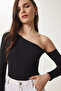 Women's Anthracite Black Open Shoulder Ribbed 2-Piece Knitted Blouse Tg00013 - 2