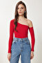Women's Red Navy Blue Open Shoulder Ribbed 2-Piece Knitted Blouse Tg00013 - 7
