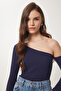 Women's Red Navy Blue Open Shoulder Ribbed 2-Piece Knitted Blouse Tg00013 - 2