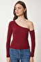 Women's Burgundy Open Shoulder Corduroy Knitted Blouse TG00011 - 5