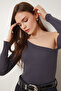 Women's Anthracite Black Open Shoulder Ribbed 2-Piece Knitted Blouse Tg00013 - 7