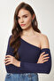 Women's Red Navy Blue Open Shoulder Ribbed 2-Piece Knitted Blouse Tg00013 - 3