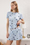 Blue Heart Slogan Printed Elastic Corded Shorts Knitted Pajamas Set Thmss24Pt00220 - 2