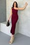 Women's Burgundy One-Shoulder Strap Slit Ottoman Fabric Dress - 5