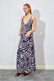 V-Neck Straps Zebra Patterned Long Satin Dress |   Ek 1002816 - 7