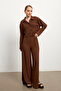 Women's Brown Long Sleeve Shirt Slit Pants Crinkle Set