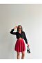 Women's Red Modal Textured Pleated Mini Skirt with Shorts - 4