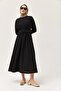Elastic Waist Belted Bat Sleeve Dress Black
