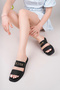 Women's Double Banded Chain Buckle Stylish Black Slippers