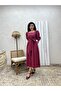 Burgundy Big Bow Square Neck Flared Poplin Dress - 4