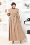 Cape Collar Detailed Belted Hijab Dress Brc1125 Latte - 7