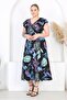 Women's Blue Purple Tropical Pattern Ruffle Sleeve Double Breasted Collar Large Size Maxi Dress