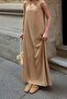 Beige Front Back V Neck Zero Sleeve Linen Blended Women Midi Dress - 4