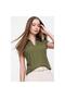Women's Khaki Green Short Sleeve Corded Fabric Ribbed Knit Viscose Cotton Polo Collar Blouse T-Shirt 2879242 - 5
