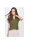 Women's Khaki Green Short Sleeve Corded Fabric Ribbed Knit Viscose Cotton Polo Collar Blouse T-Shirt 2879242 - 6
